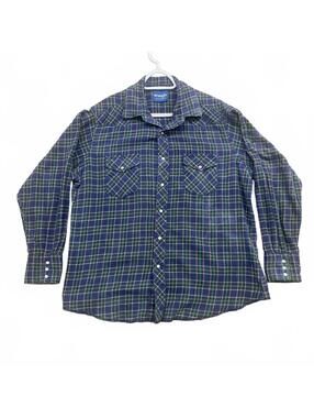 Wrangler Western Shirt Man Plaid Snap Button Down Blue Green Long Sleeve Western